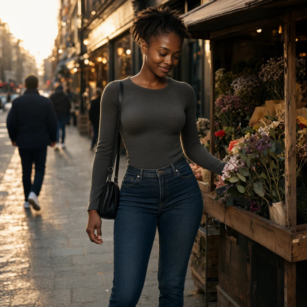 Amara before virtual try-on, wearing a grey top and jeans